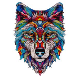 Puzzle drewniane tworzące obraz głowy wilka